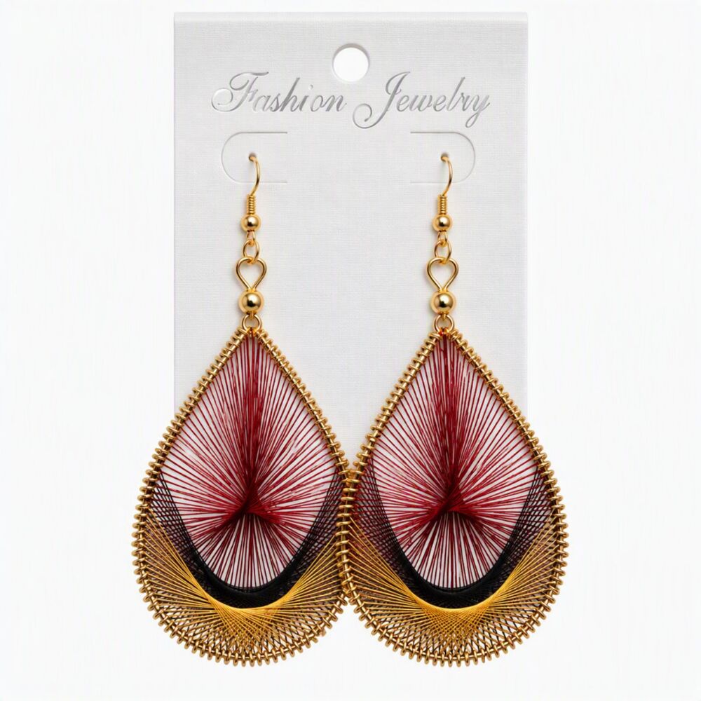 Boho Thread Teardrop Dangle Earrings Gold Tone Burgundy Blk Statement Earrings